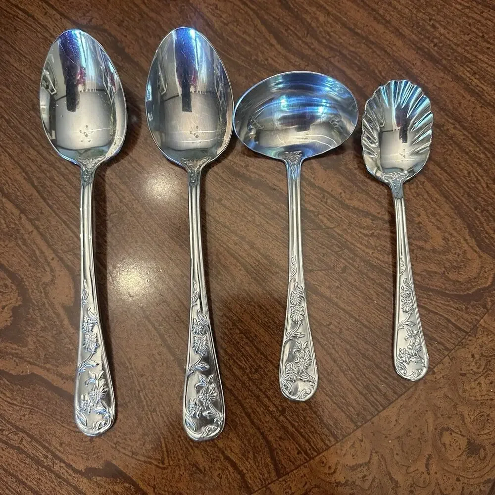 Reed Barton Flatware Queens Garden Floral Embossed Stainless 13 Pc Serving Set